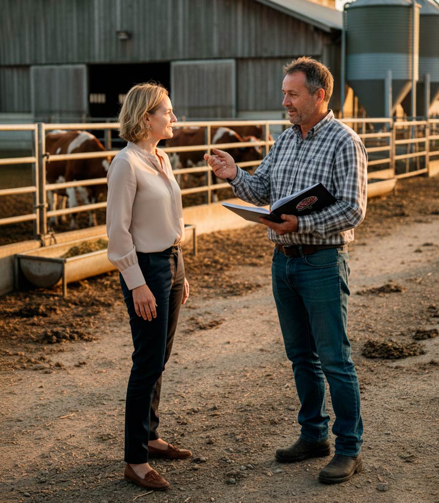 Rosa Ramón speaks with the owner of an agricultural business in Mallorca.